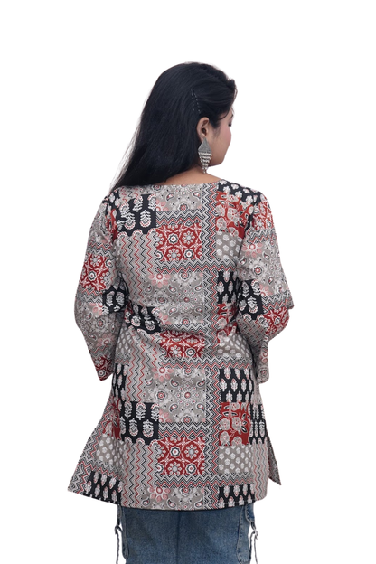 Meera Grey Rust Ajrakh Patchwork Cotton Kurti