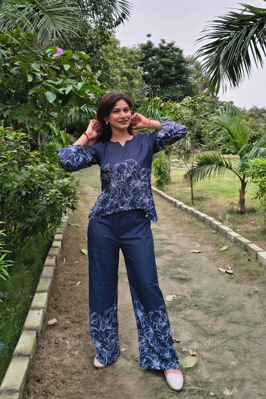 Navy Poly Cotton Printed Round Neck Co-ord set