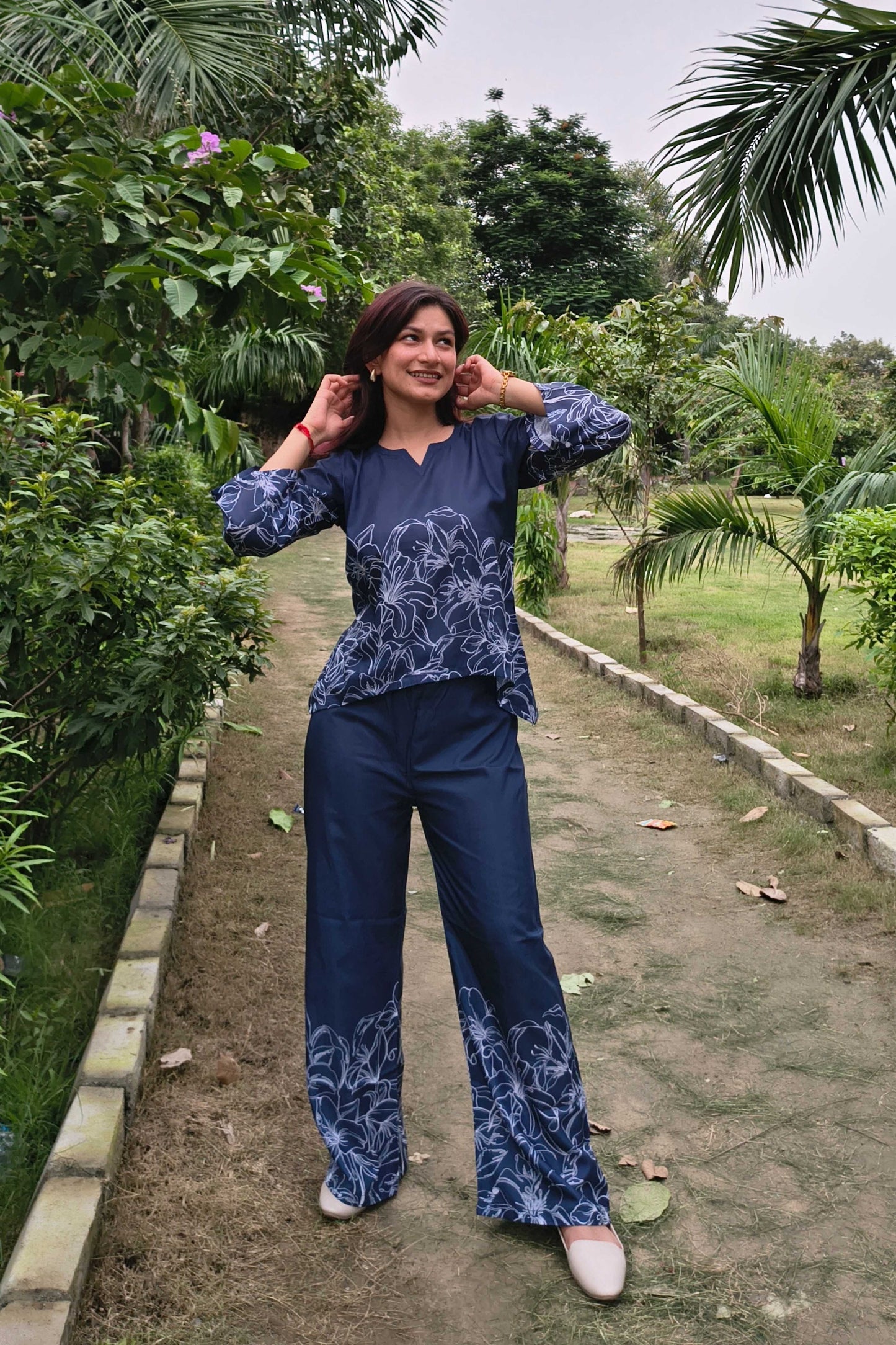 Navy Poly Cotton Printed Round Neck Co-ord set