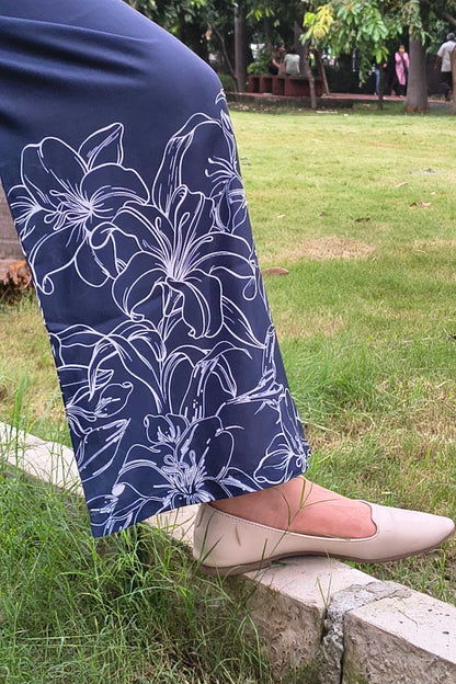 Navy Poly Cotton Printed Round Neck Co-ord set