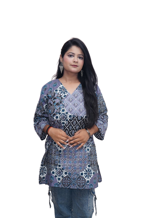 Riya Blue Indigo Ajrakh Patchwork Cotton Kurti