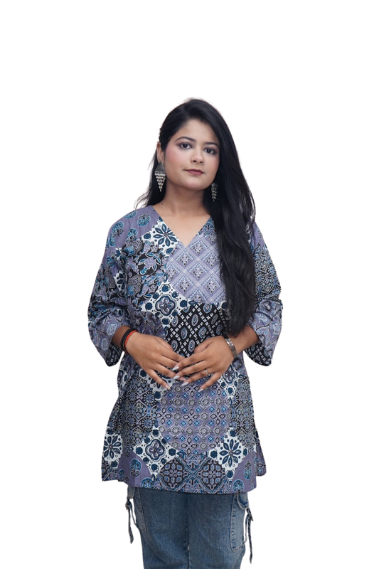 Riya Blue Indigo Ajrakh Patchwork Cotton Kurti
