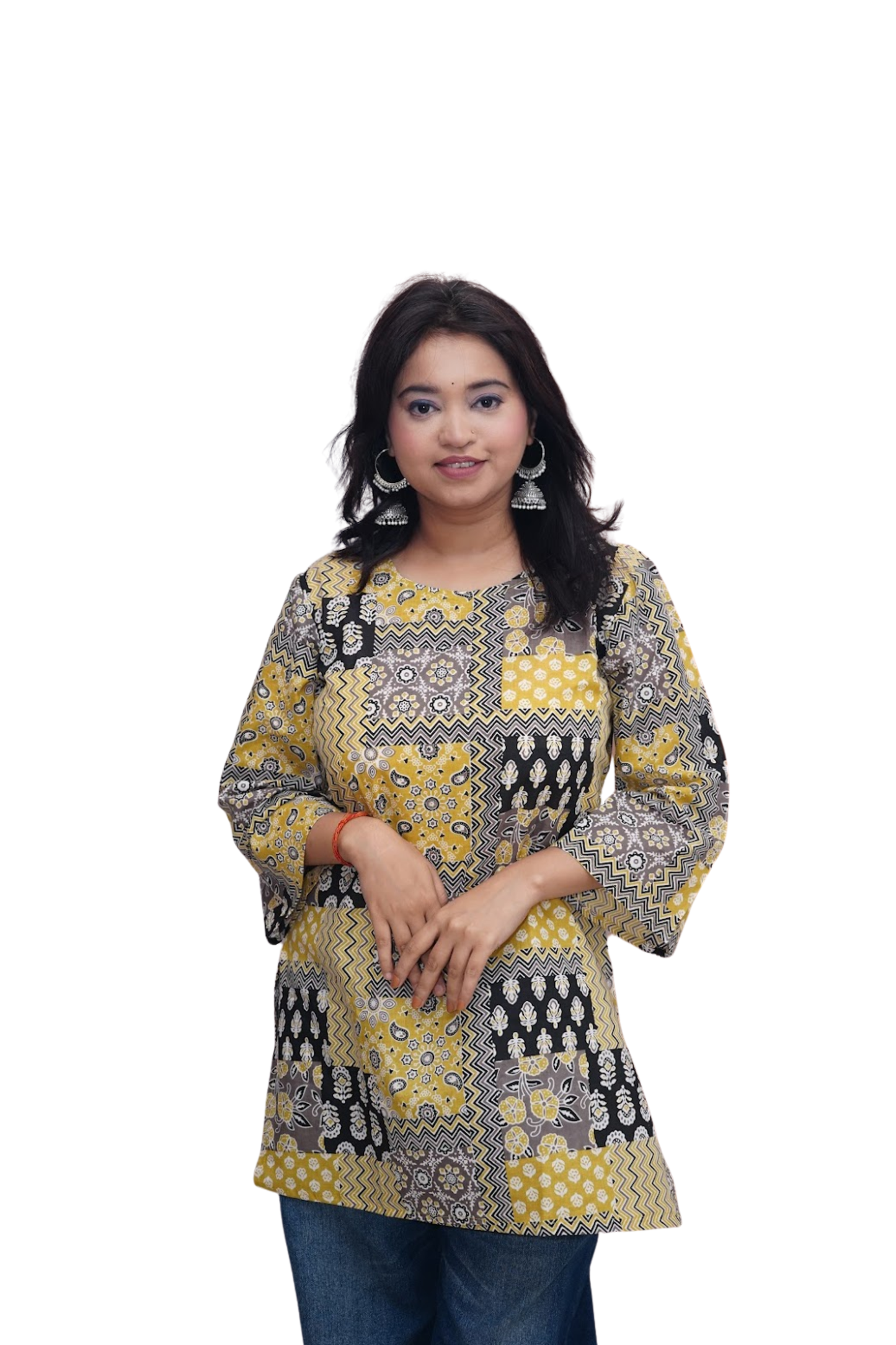 Ishita Yellow Ajrakh Patchwork Cotton Kurti