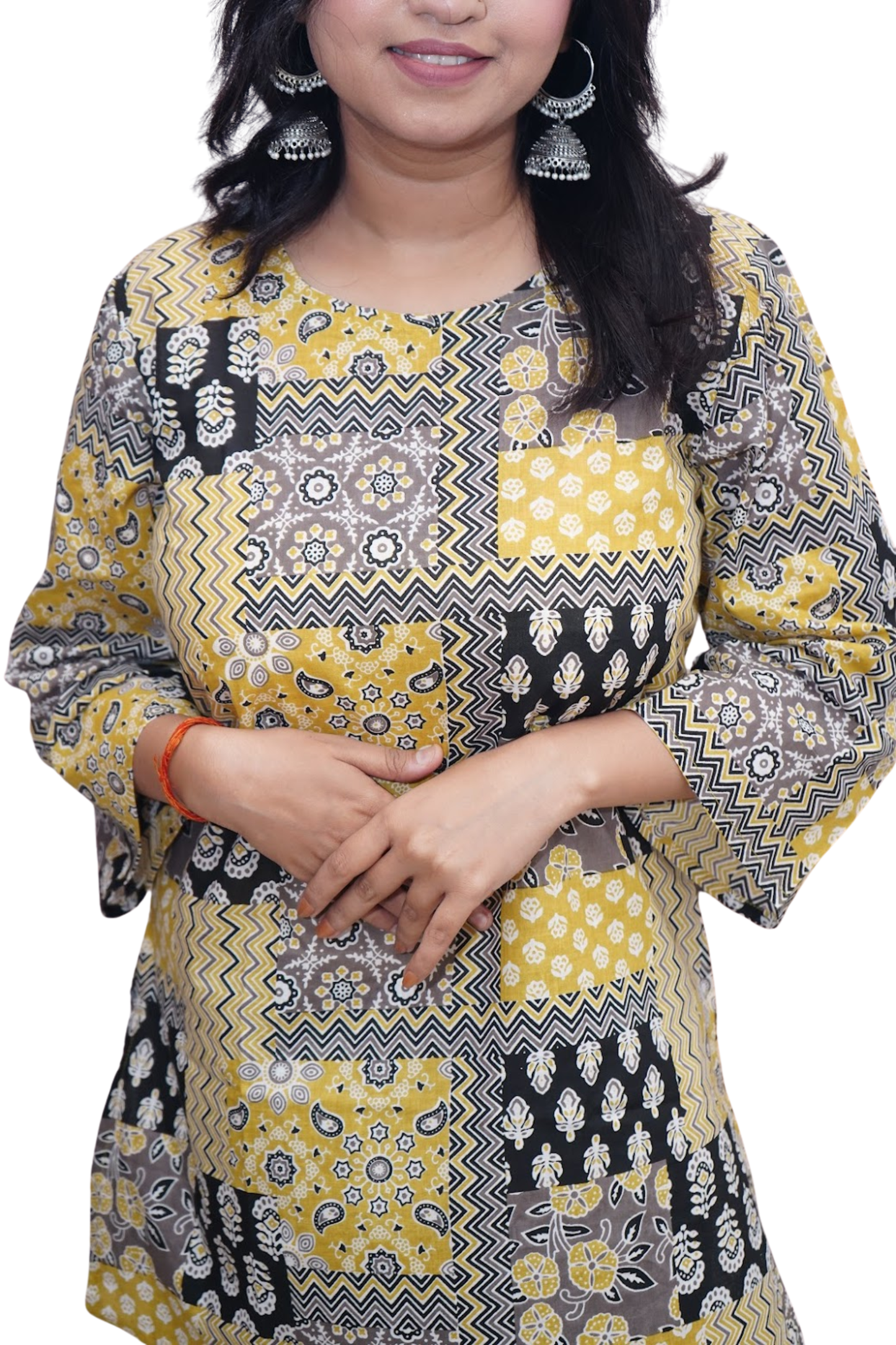 Ishita Yellow Ajrakh Patchwork Cotton Kurti