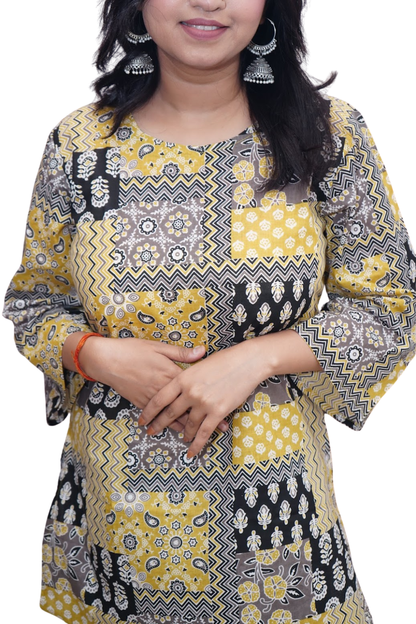 Ishita Yellow Ajrakh Patchwork Cotton Kurti