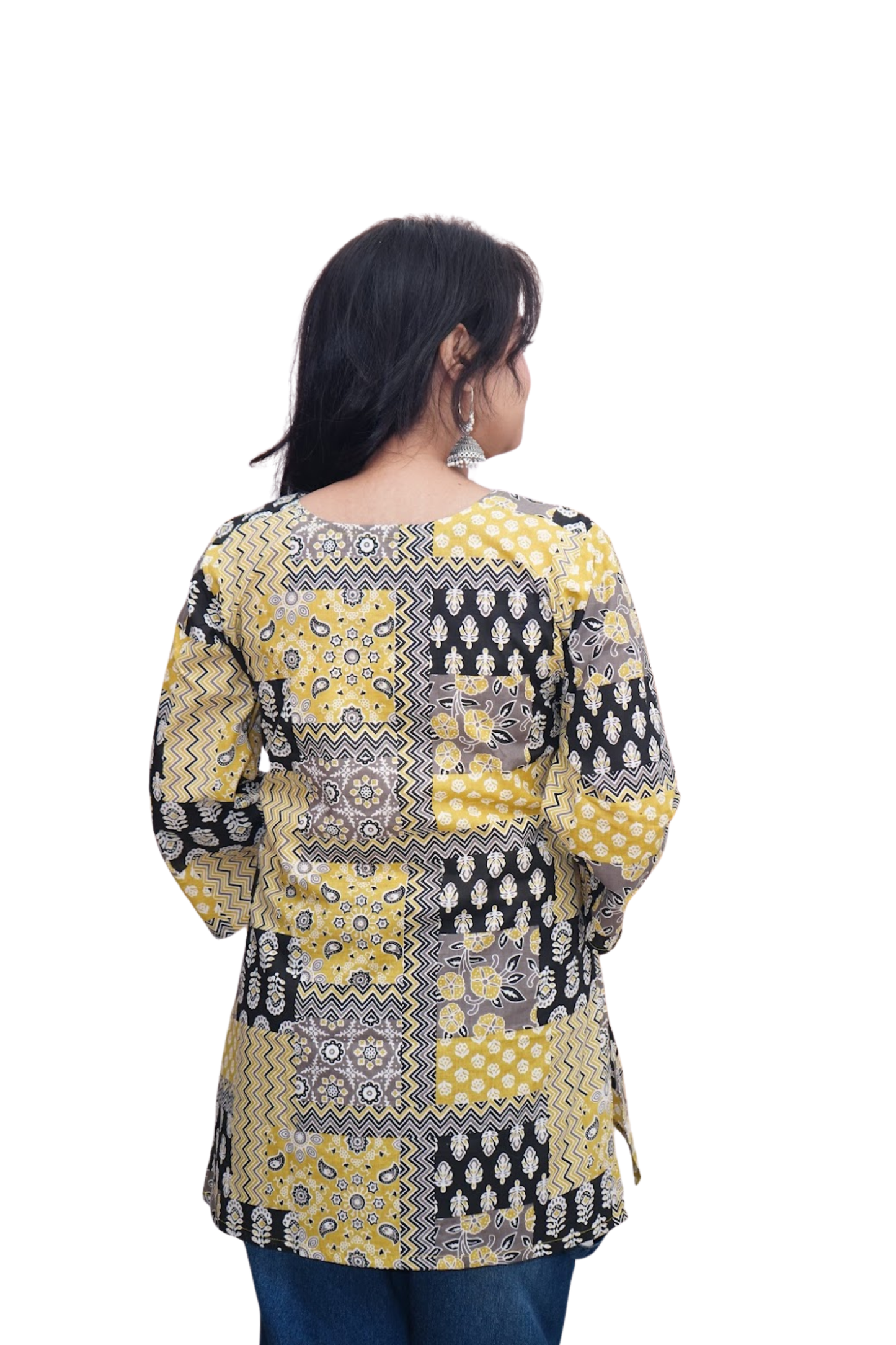 Ishita Yellow Ajrakh Patchwork Cotton Kurti