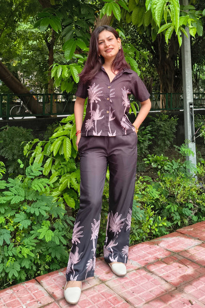 Black Polycotton Floral Printed Collar Co-ord Set