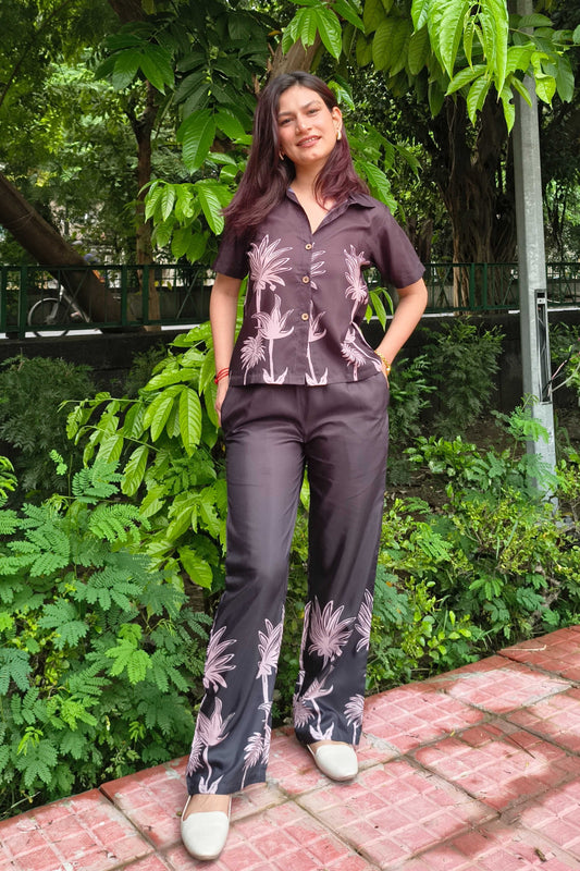 Black Polycotton Floral Printed Collar Co-ord Set