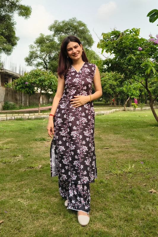 Floral Printed Kurta Pant Set – Black Cotton Blend