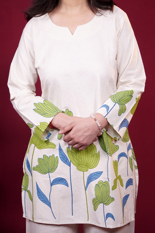 Off-White Floral Print Khadi Cotton Co-ord Set