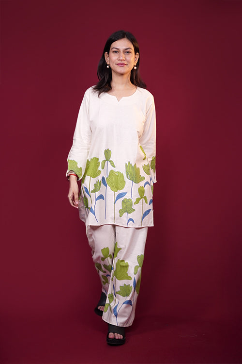 Off-White Floral Print Khadi Cotton Co-ord Set