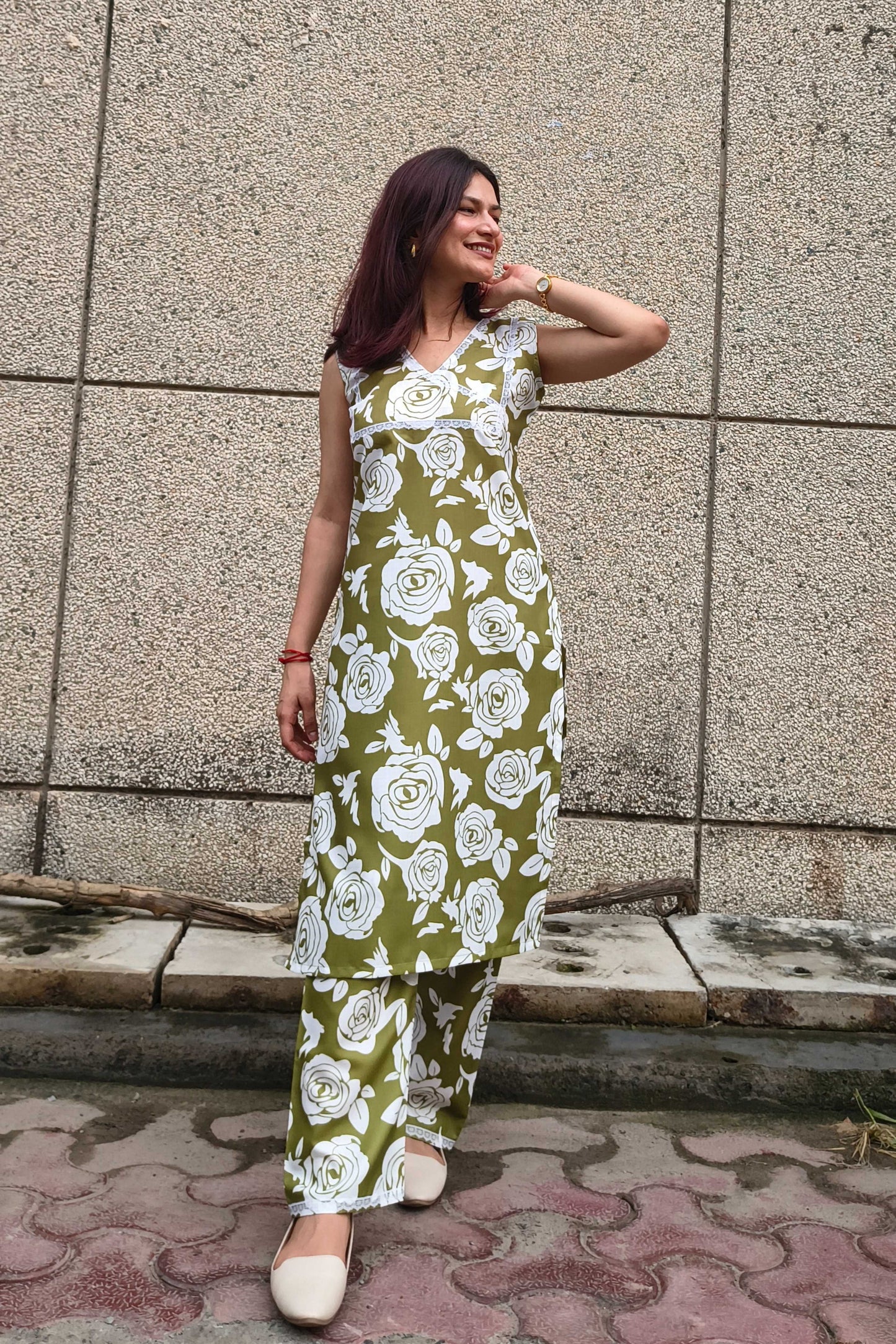 Green Lace Detailing Yoke Kurta Pant Set