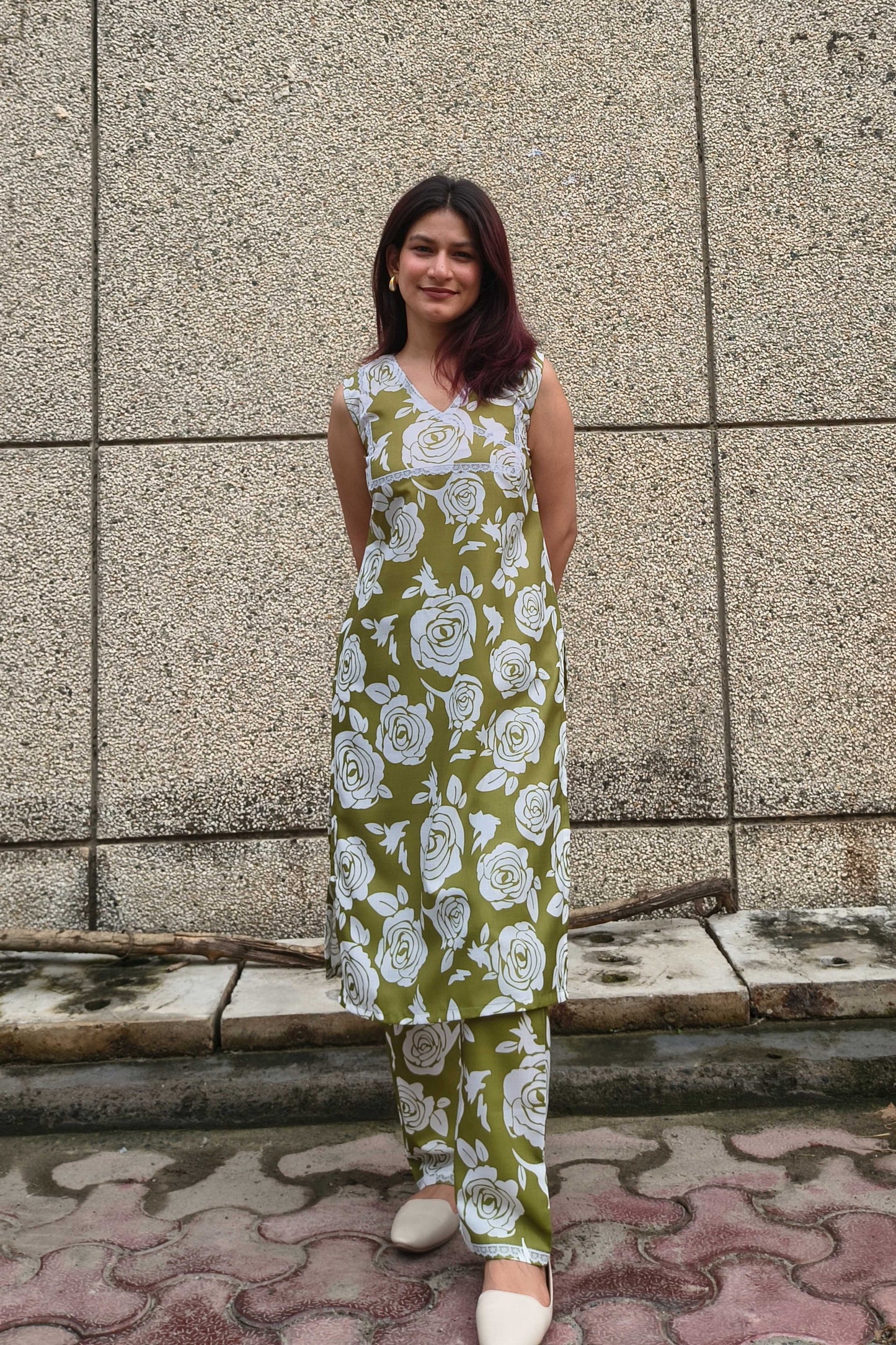 Green Lace Detailing Yoke Kurta Pant Set