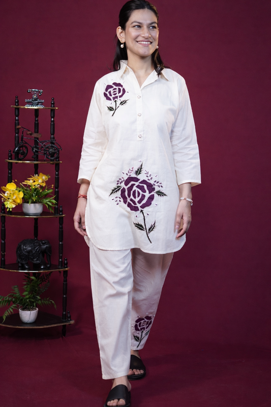 Off-White Wine Rose Embroidered Cotton Co-ord Set