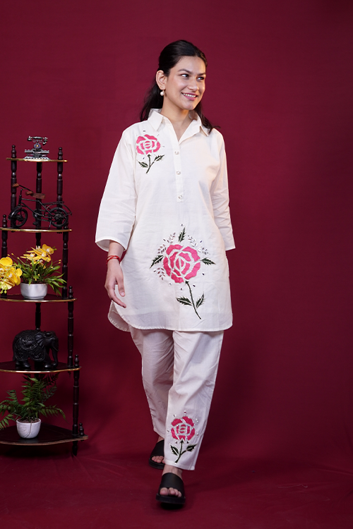 Off-White Pink Rose Embroidered Cotton Co-ord Set