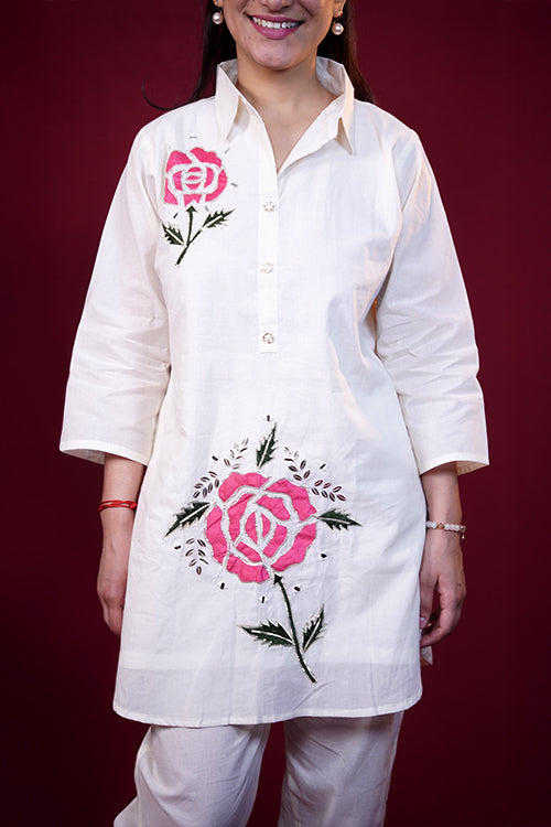 Off-White Pink Rose Embroidered Cotton Co-ord Set
