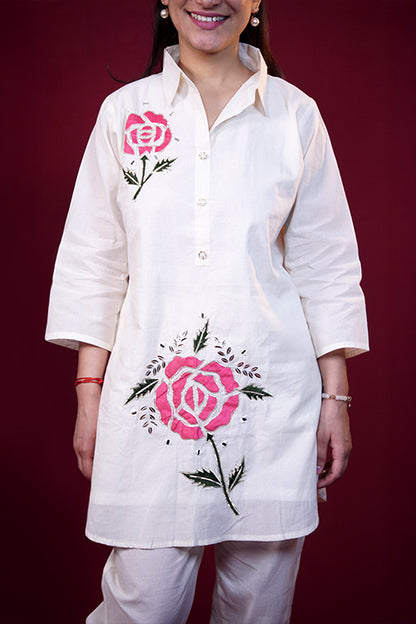 Off-White Pink Rose Embroidered Cotton Co-ord Set