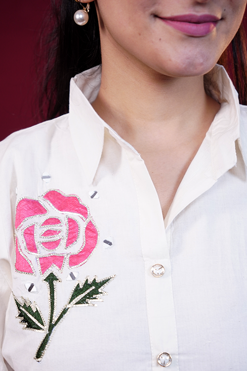 Off-White Pink Rose Embroidered Cotton Co-ord Set