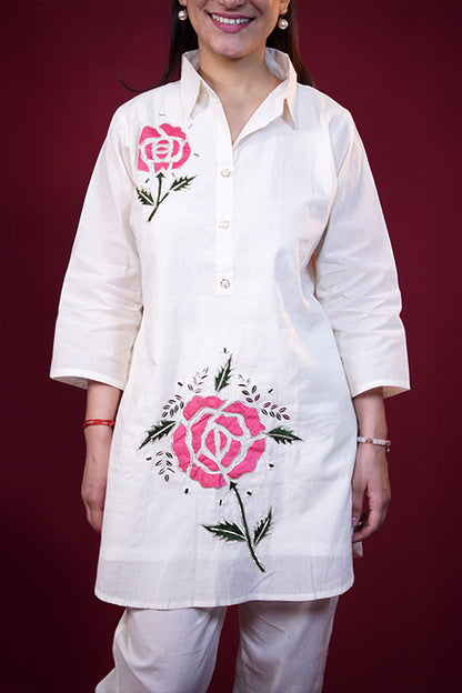 Off-White Pink Rose Embroidered Cotton Co-ord Set