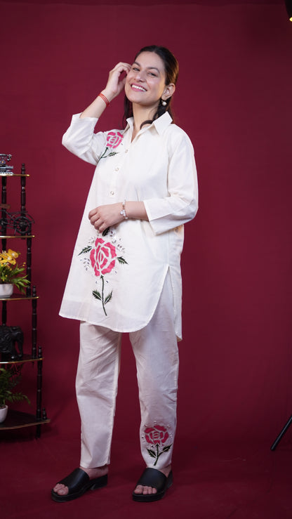 Off-White Pink Rose Embroidered Cotton Co-ord Set