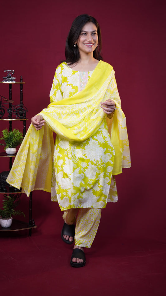 Lime Yellow Floral Embroidered Cotton Suit Set