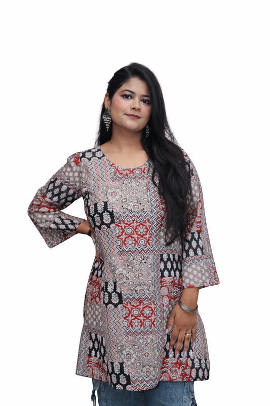 Kavya Grey Rust Ajrakh Patchwork Cotton Kurti