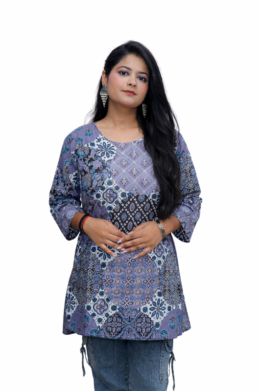 Siya Blue Indigo Ajrakh Patchwork Cotton Kurti