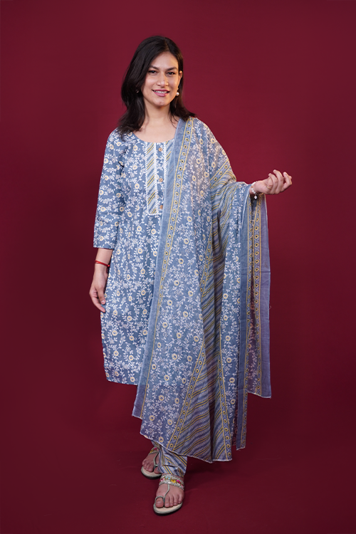 Slate Blue Floral Cotton Suit Set with Printed Dupatta