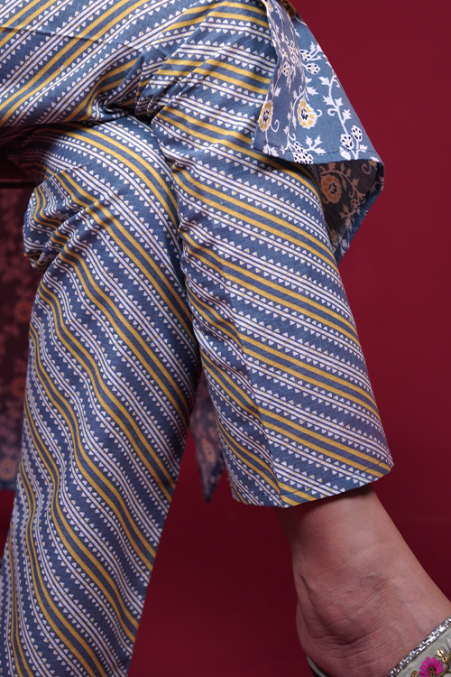 Slate Blue Floral Cotton Suit Set with Printed Dupatta