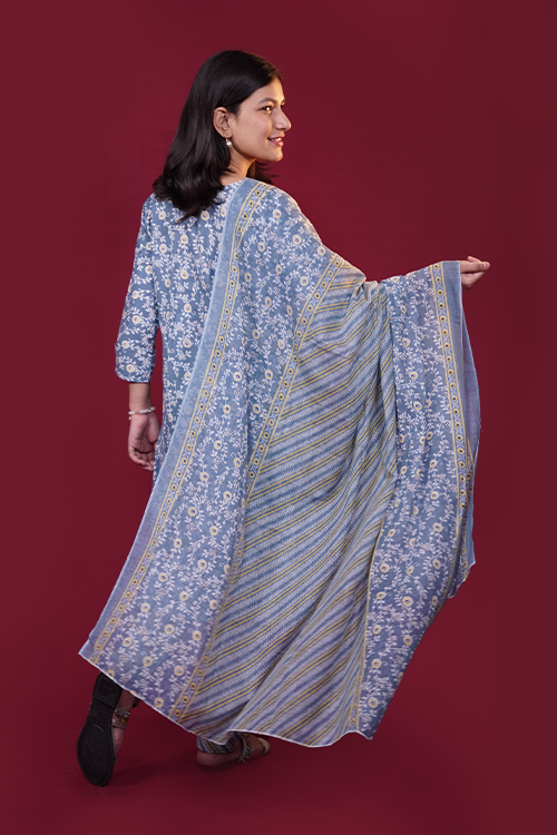 Slate Blue Floral Cotton Suit Set with Printed Dupatta