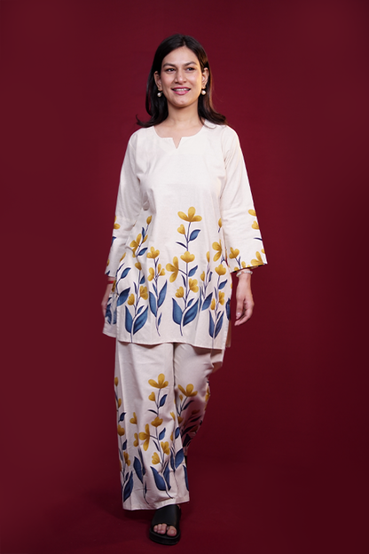 Off-White Floral Print Khadi Cotton Co-ord Set