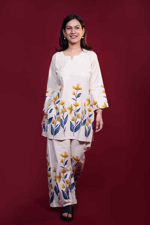 Off-White Floral Print Khadi Cotton Co-ord Set