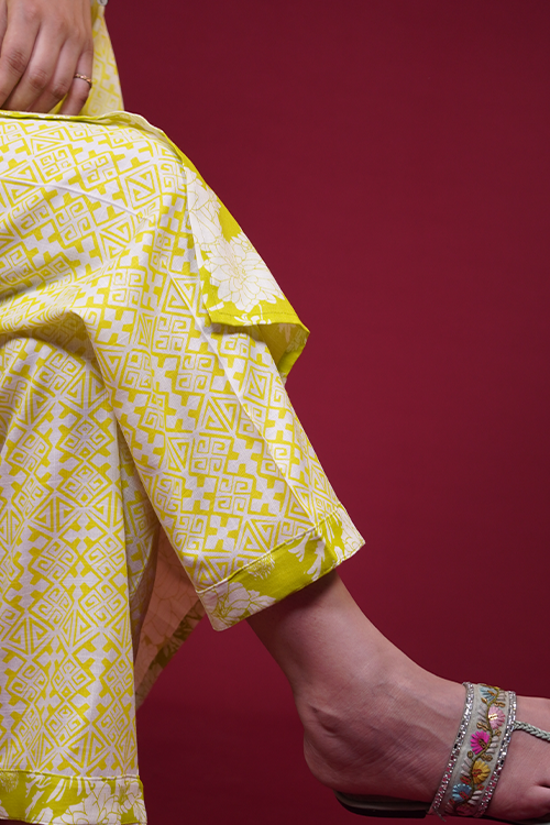 Lime Yellow Floral Embroidered Cotton Suit Set